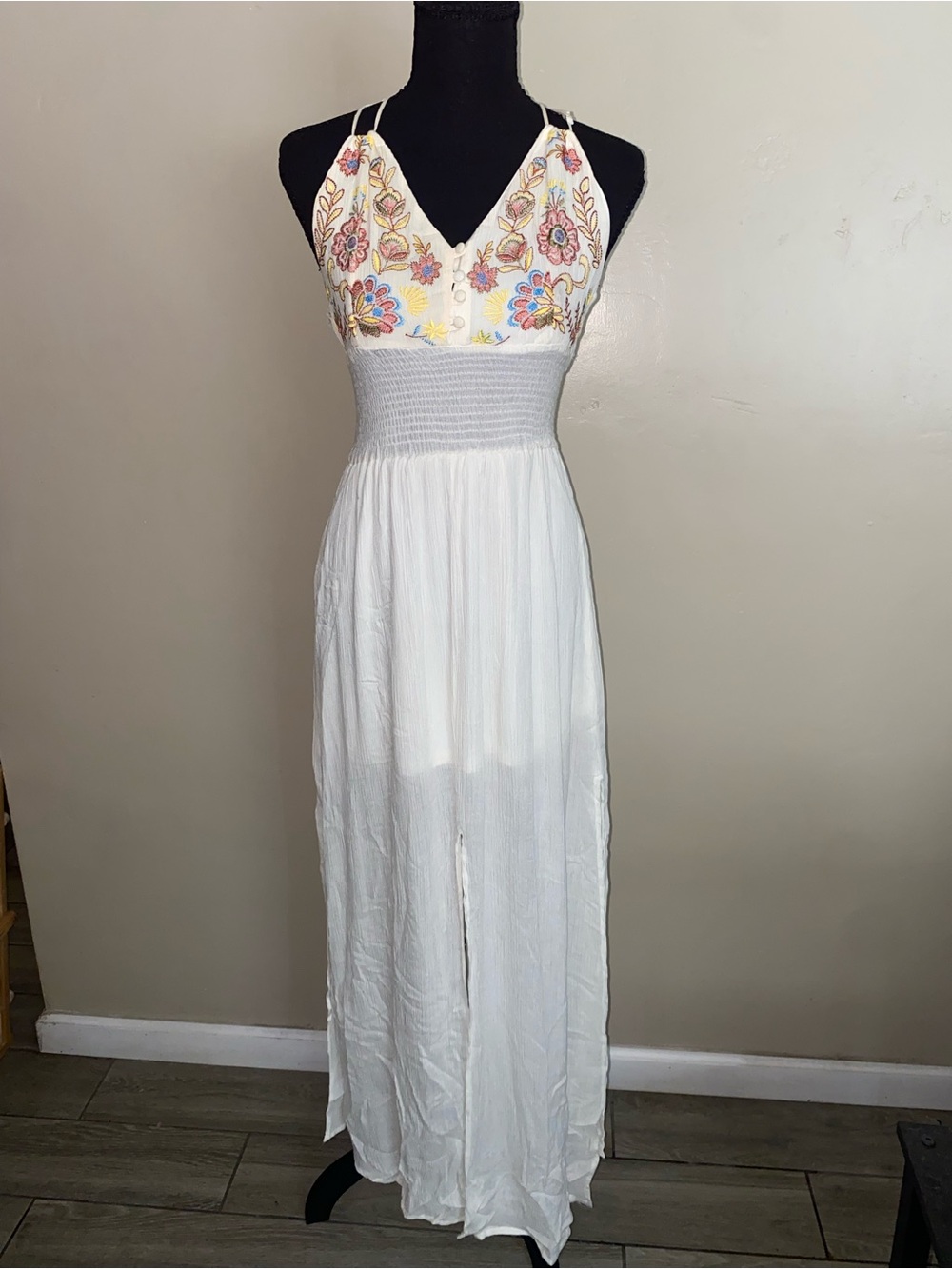 White Embroidered V-Neck Maxi Dress with Smocked Waist